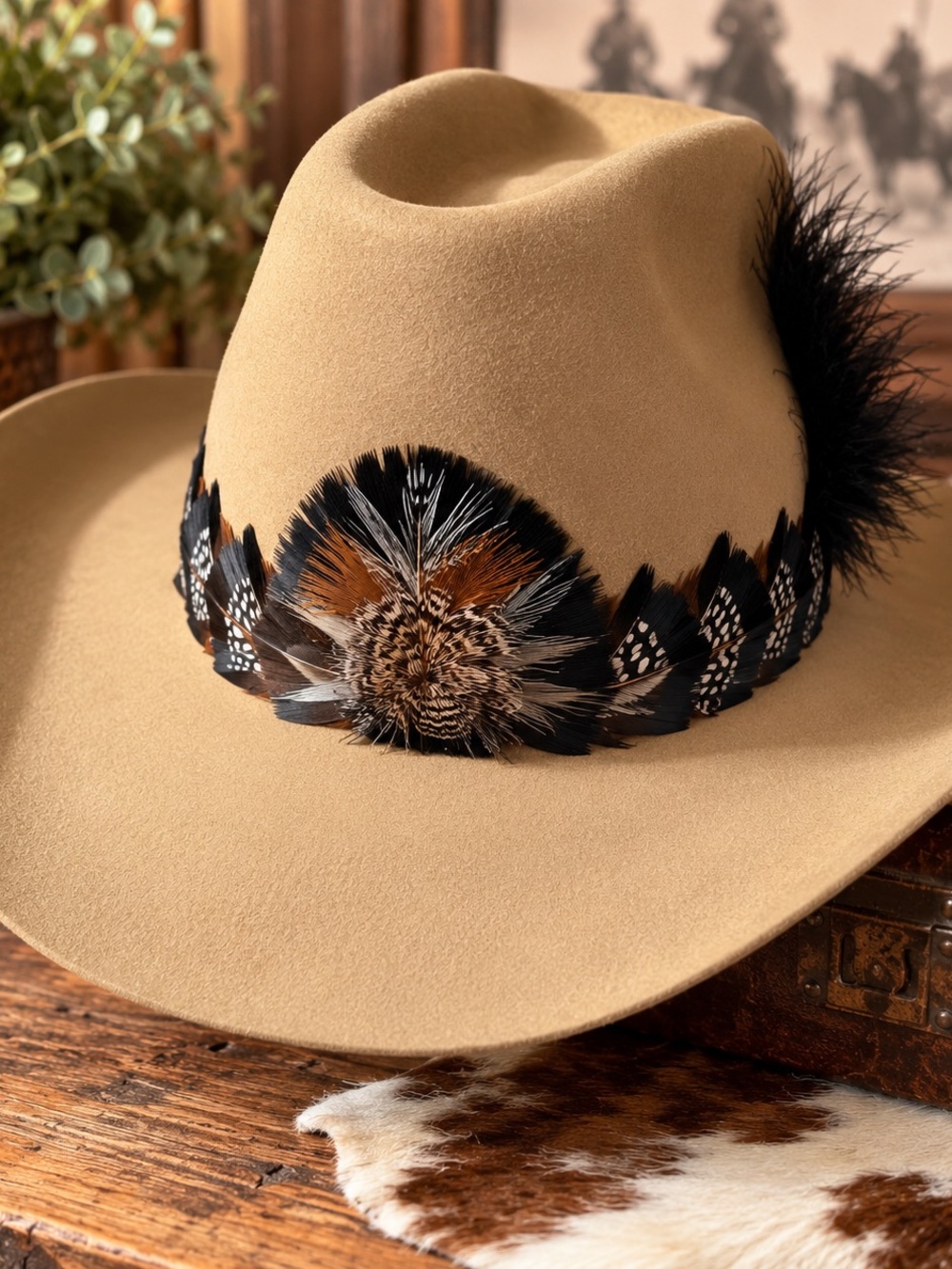 Vintage John B. Stetson 4X Beaver Cowboy Hat Size 7 1/2 Feather Band Western